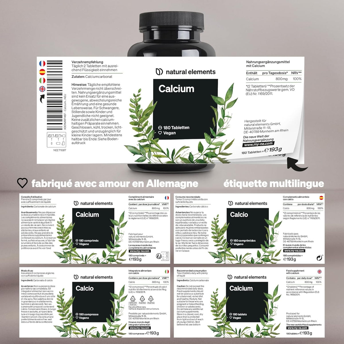 Calcium Comprimés Vegan Fortement Dosés – 180 Comprimés – 800Mg De Carbonate De Calcium Par Dose Quotidienne – Sans Additifs Indésirables – Produit En Allemagne & Testé En Laboratoire